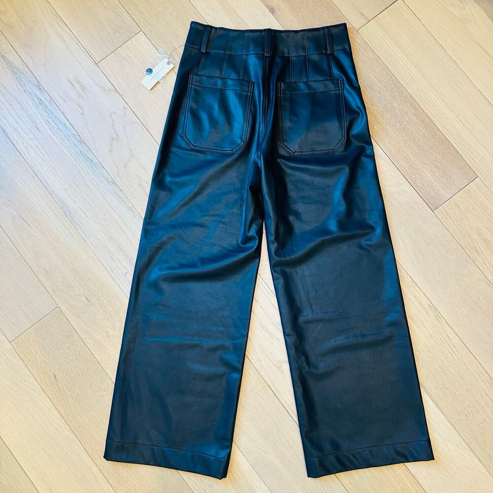 Anthropologie Maeve Colette Black Vegan Leather Wide‑Leg Crop Pants – Sz 28 NWT - Picture 7 of 11